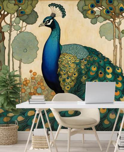 blauwe, groenblauwe en gouden pauw muurschildering genaamd Art Nouveau Peacock voor slaapkamers, woonkamers en eetkamers