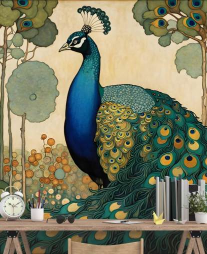 blå, kricka och guld påfågel väggmålning kallad Art Nouveau Peacock för sovrum, vardagsrum och matsalar blå, kricka och guld påfågel väggmålning kallad Art Nouveau Peacock för sovrum, vardagsrum och matsalar