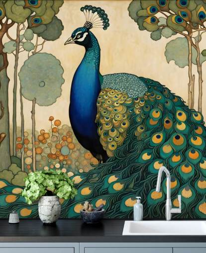 blauwe, groenblauwe en gouden pauw muurschildering genaamd Art Nouveau Peacock voor slaapkamers, woonkamers en eetkamers
