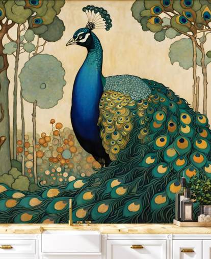 blå, blågrønn og gull påfugl veggmaleri kalt Art Nouveau Peacock for soverom, stuer og spiserom