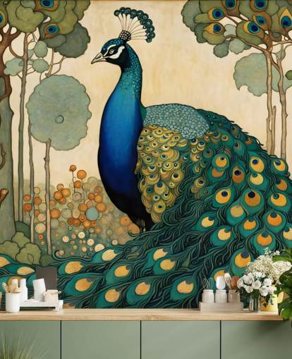 Blaues, blaugrünes und goldenes Pfau-Wandbild namens Jugendstil-Pfau für Schlafzimmer, Wohn- und Esszimmer