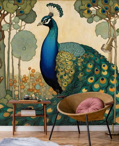 blå, kricka och guld påfågel väggmålning kallad Art Nouveau Peacock för sovrum, vardagsrum och matsalar