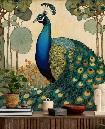 mural de pared de pavo real azul, verde azulado y dorado llamado Art Nouveau Peacock para dormitorios, salas de estar y comedores