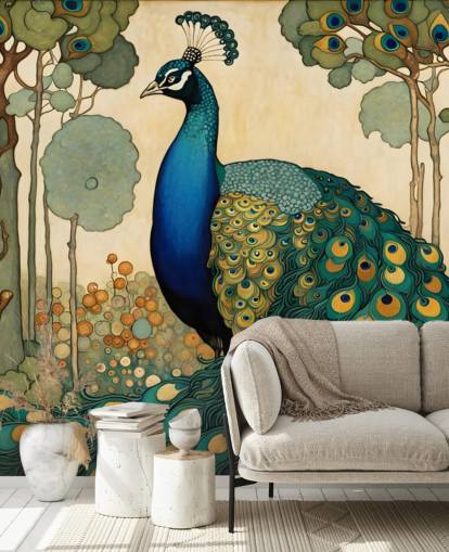 mural de parede de pavão azul, azul-petróleo e dourado chamado Art Nouveau Peacock para quartos, salas de estar e salas de jantar