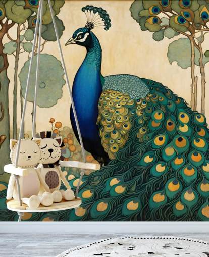 mural de parede de pavão azul, azul-petróleo e dourado chamado Art Nouveau Peacock para quartos, salas de estar e salas de jantar mural de parede de pavão azul, azul-petróleo e dourado chamado Art Nouveau Peacock para quartos, salas de estar e salas de jantar