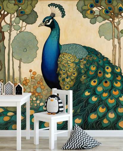 blue, teal and gold peacock wall mural called Art Nouveau Peacock for bedrooms, living rooms and dining rooms