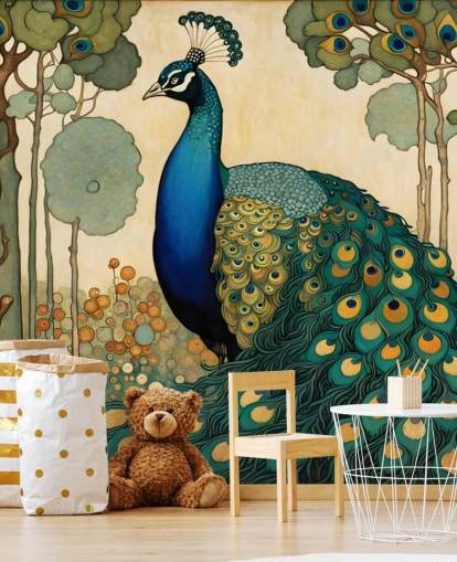 Blaues, blaugrünes und goldenes Pfau-Wandbild namens Jugendstil-Pfau für Schlafzimmer, Wohn- und Esszimmer Blaues, blaugrünes und goldenes Pfau-Wandbild namens Jugendstil-Pfau für Schlafzimmer, Wohn- und Esszimmer