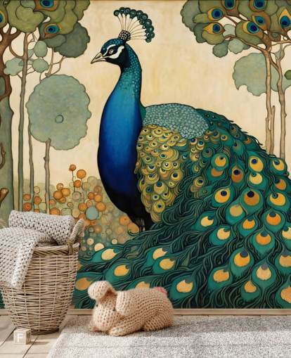 blue, teal and gold peacock wall mural called Art Nouveau Peacock for bedrooms, living rooms and dining rooms blue, teal and gold peacock wall mural called Art Nouveau Peacock for bedrooms, living rooms and dining rooms