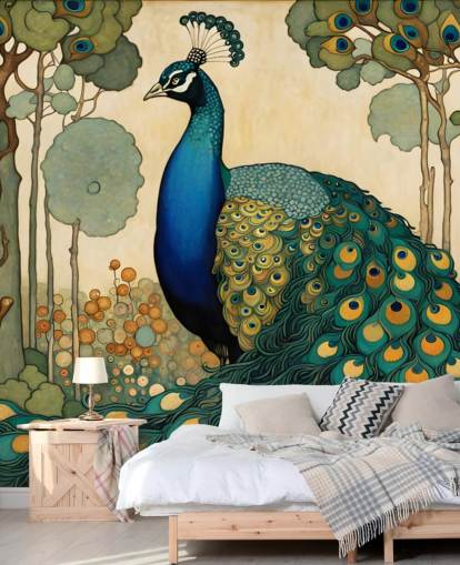 blauwe, groenblauwe en gouden pauw muurschildering genaamd Art Nouveau Peacock voor slaapkamers, woonkamers en eetkamers