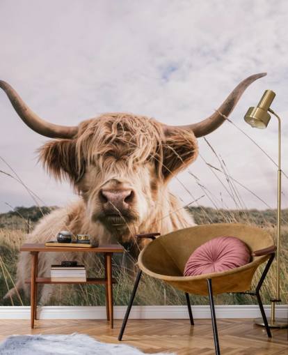 ruskea mukautettu lehmän taustakuvamaalaus nimeltä Scottish Highland Cow koteihin ja toimistoihin ruskea mukautettu lehmän taustakuvamaalaus nimeltä Scottish Highland Cow koteihin ja toimistoihin