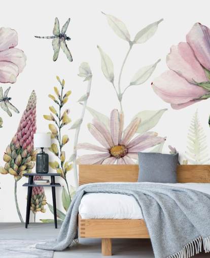 lyserøde voksende blomster vægmaleri