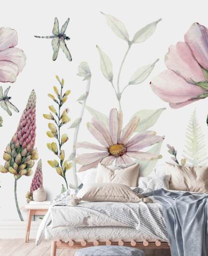 Fotobehang roze groeiende bloemen Fotobehang roze groeiende bloemen