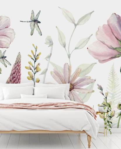 mural de pared rosa con flores en crecimiento