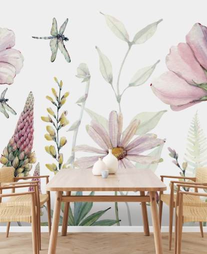 Fotobehang roze groeiende bloemen Fotobehang roze groeiende bloemen
