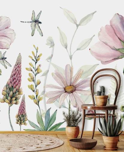 mural de pared rosa con flores en crecimiento