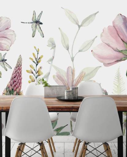 lyserøde voksende blomster vægmaleri