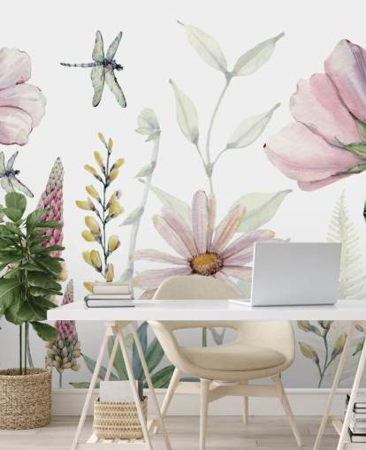 mural de parede de flores em crescimento rosa