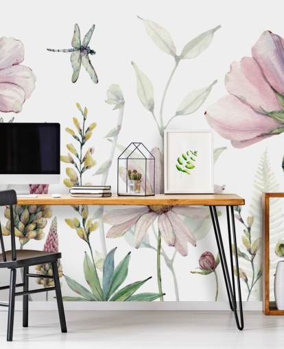 pink growing flowers wall mural