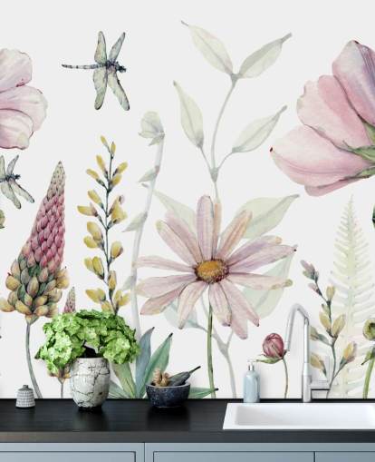pink growing flowers wall mural