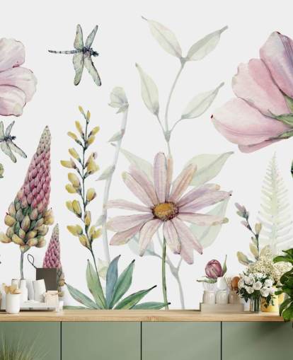 pink growing flowers wall mural