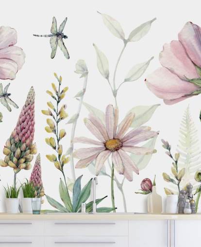 pink growing flowers wall mural