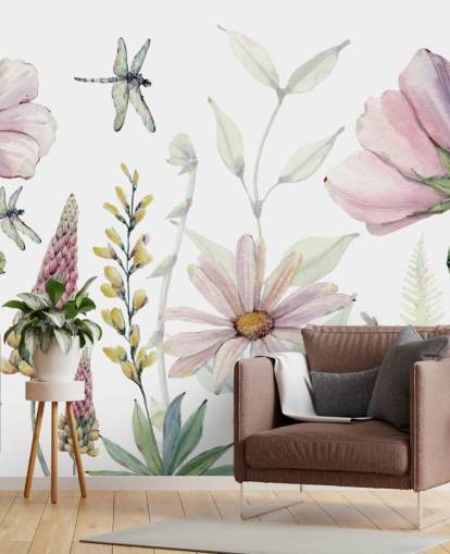 pink growing flowers wall mural