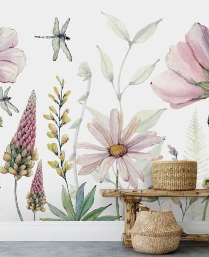 Wandbild mit rosafarbenen wachsenden Blumen Wandbild mit rosafarbenen wachsenden Blumen