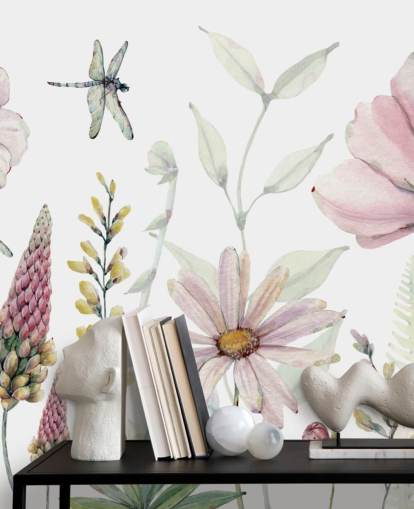 lyserøde voksende blomster vægmaleri