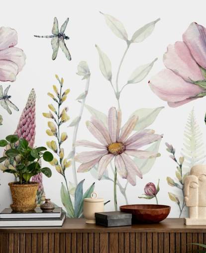 pink growing flowers wall mural