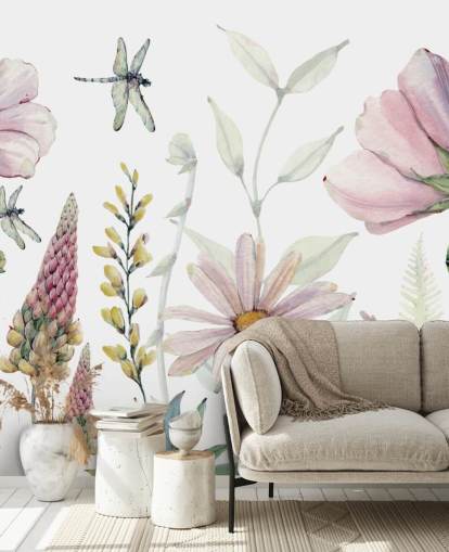 murale con fiori rosa che crescono