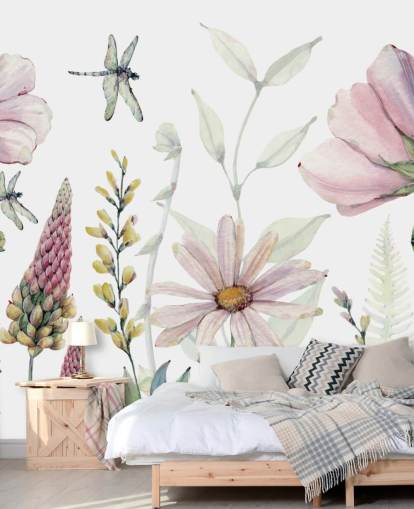 mural de pared rosa con flores en crecimiento mural de pared rosa con flores en crecimiento