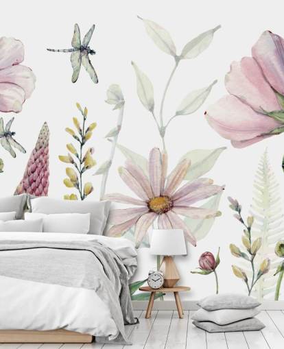 Wandbild mit rosafarbenen wachsenden Blumen