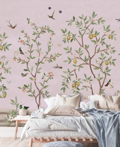 mural de pared rosa con chinoiserie de limonero mural de pared rosa con chinoiserie de limonero