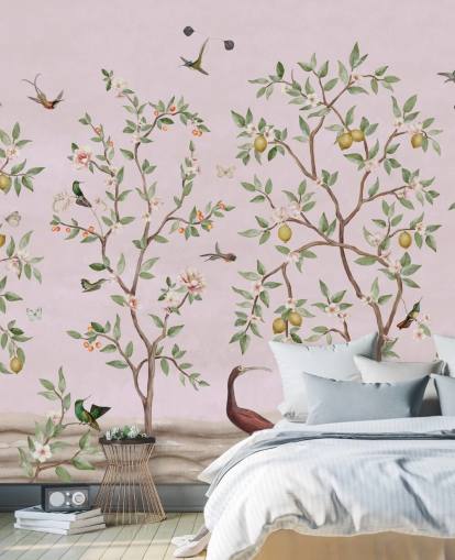 mural de pared rosa con chinoiserie de limonero mural de pared rosa con chinoiserie de limonero
