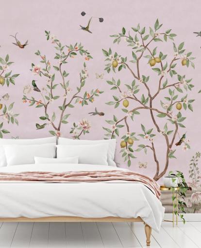 mural de pared rosa con chinoiserie de limonero mural de pared rosa con chinoiserie de limonero