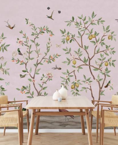 Adesivo da parete cineserie con albero di limone in rosa