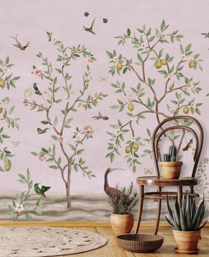 lemon tree chinoiserie in pink wall mural lemon tree chinoiserie in pink wall mural