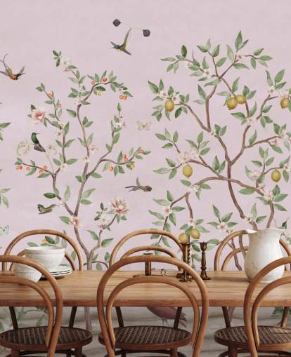 Papier peint Chinoiserie de citronnier en rose