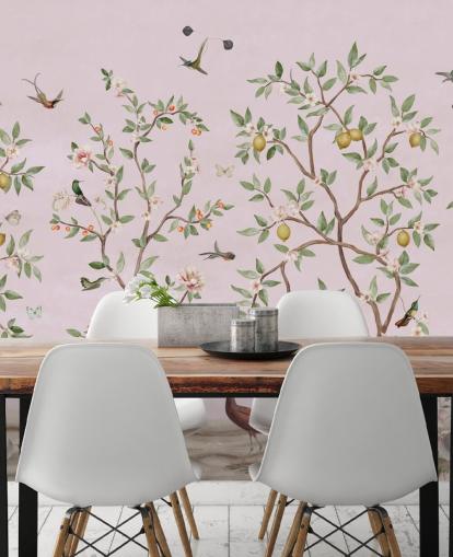 Papier peint Chinoiserie de citronnier en rose