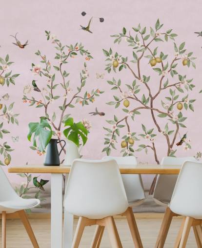chinoiserie de limoeiro em mural de parede rosa