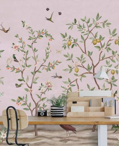 chinoiserie de limoeiro em mural de parede rosa chinoiserie de limoeiro em mural de parede rosa