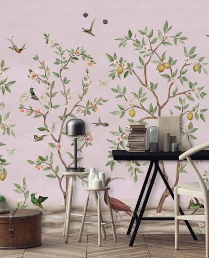 citronträd chinoiserie i rosa väggmålning citronträd chinoiserie i rosa väggmålning