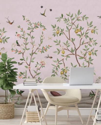lemon tree chinoiserie in pink wall mural
