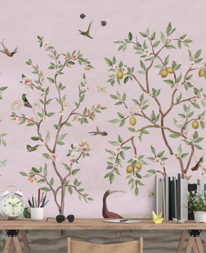 citronträd chinoiserie i rosa väggmålning