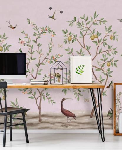 chinoiserie de limoeiro em mural de parede rosa
