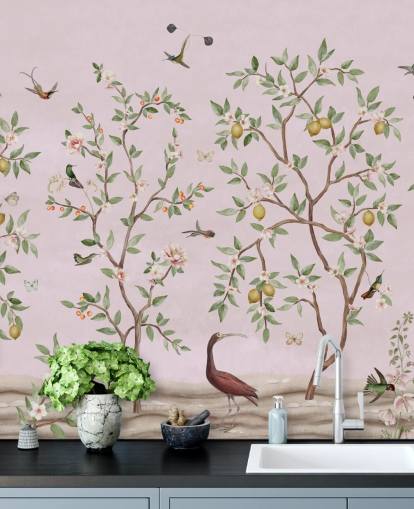 citrontræ chinoiserie i lyserødt vægmaleri