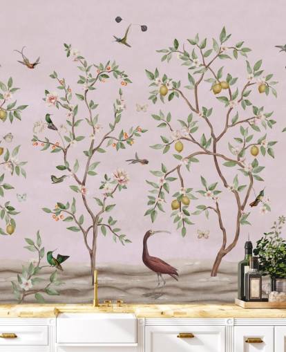 citrontræ chinoiserie i lyserødt vægmaleri