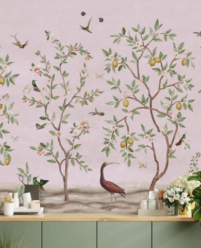 Fotobehang citroenboom chinoiserie in roze