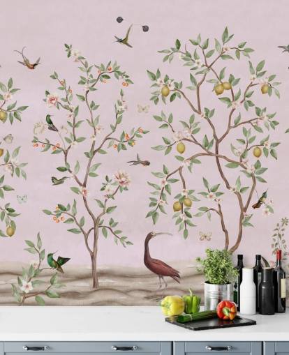 mural de pared rosa con chinoiserie de limonero