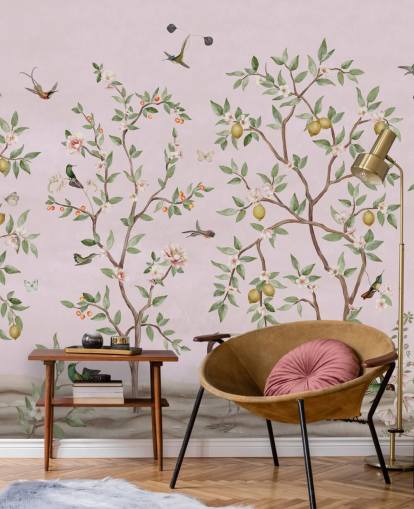 citronträd chinoiserie i rosa väggmålning citronträd chinoiserie i rosa väggmålning